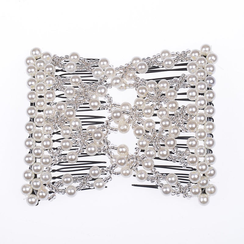 Lovef Easy Comb Easy Magic Hair Comb Stretchy Beaded Hair Comb in Assorted Color Beads with Pearl for Women (White) - Image 1